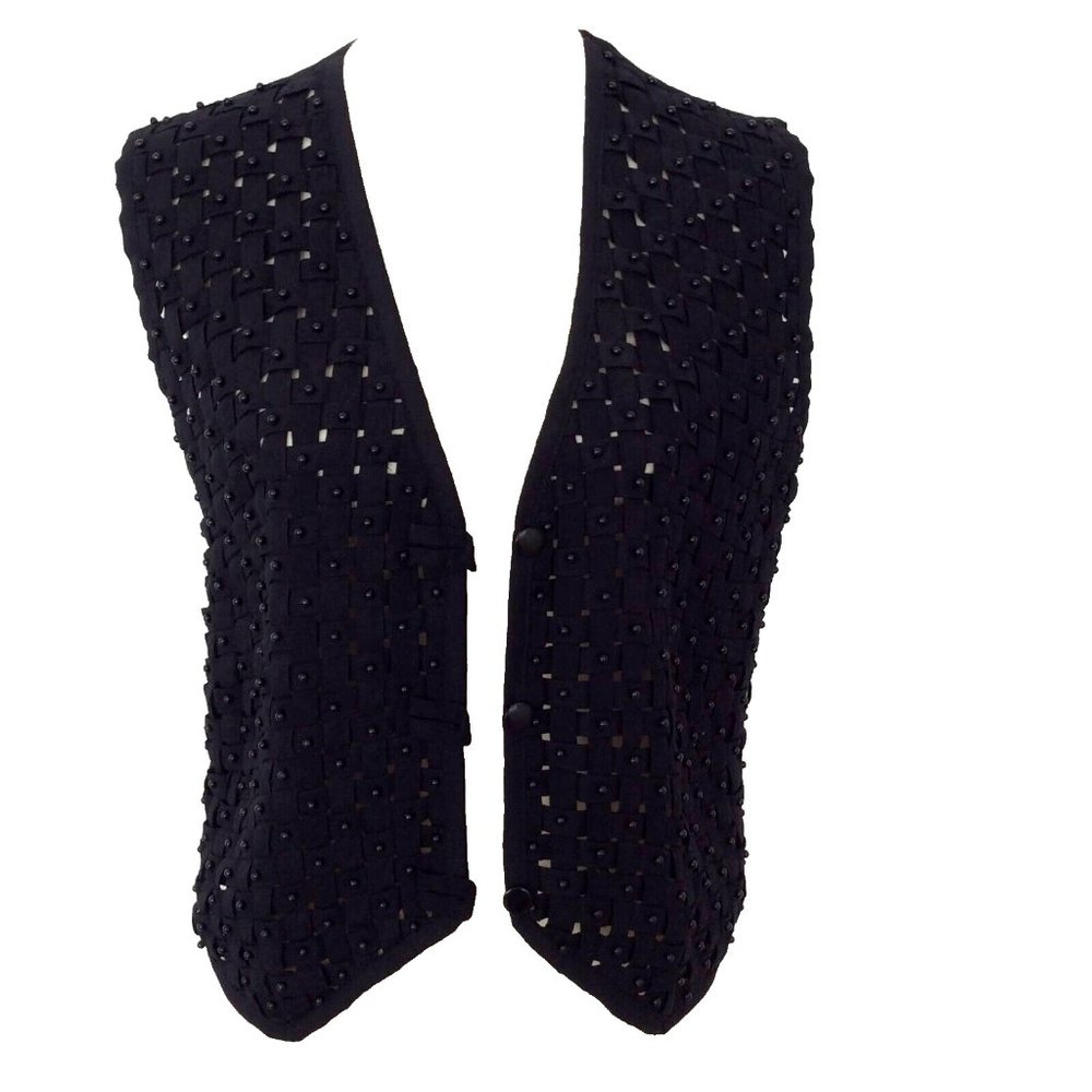 Vintage Halsey Collection Black Beaded Vest Basketweave  Pattern Size Small